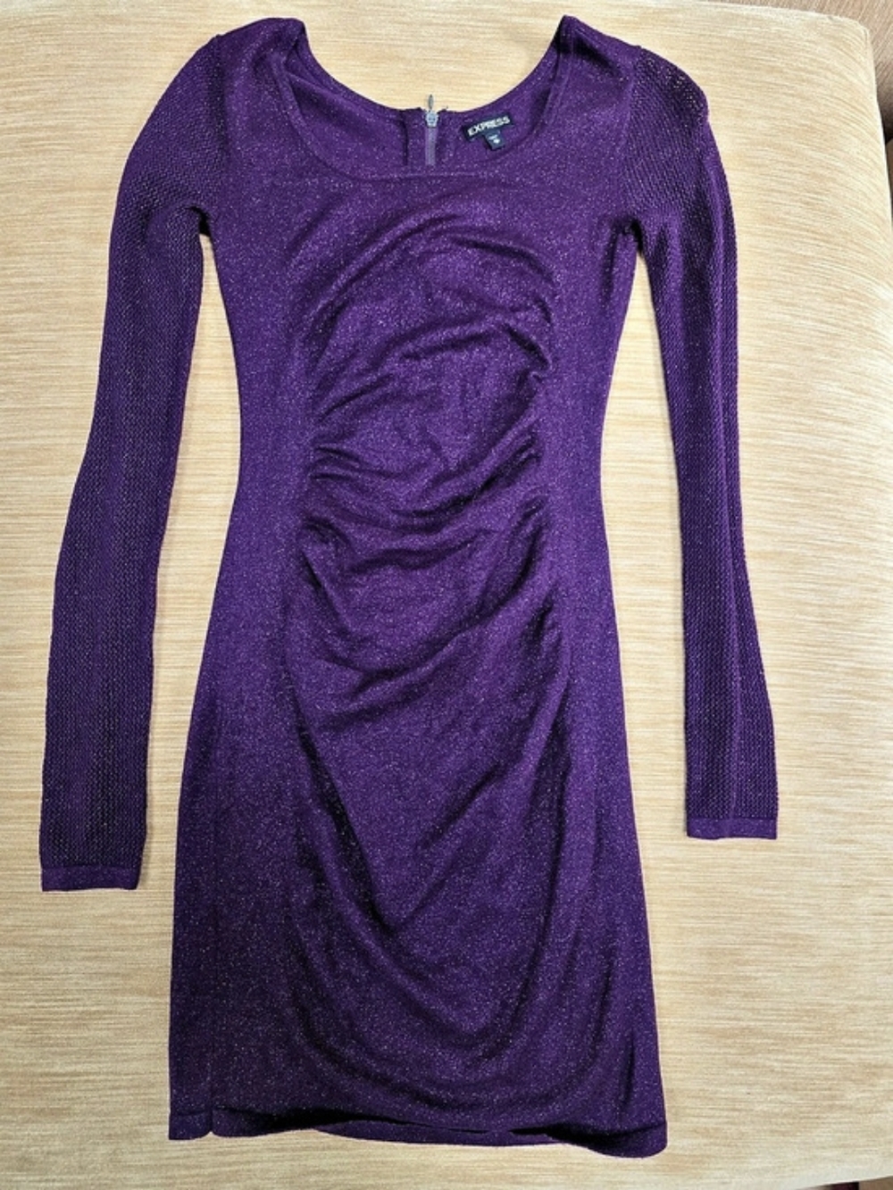 Express Metallic Ruched Mini Sheath Dress Purple XS Shimmer Cocktail